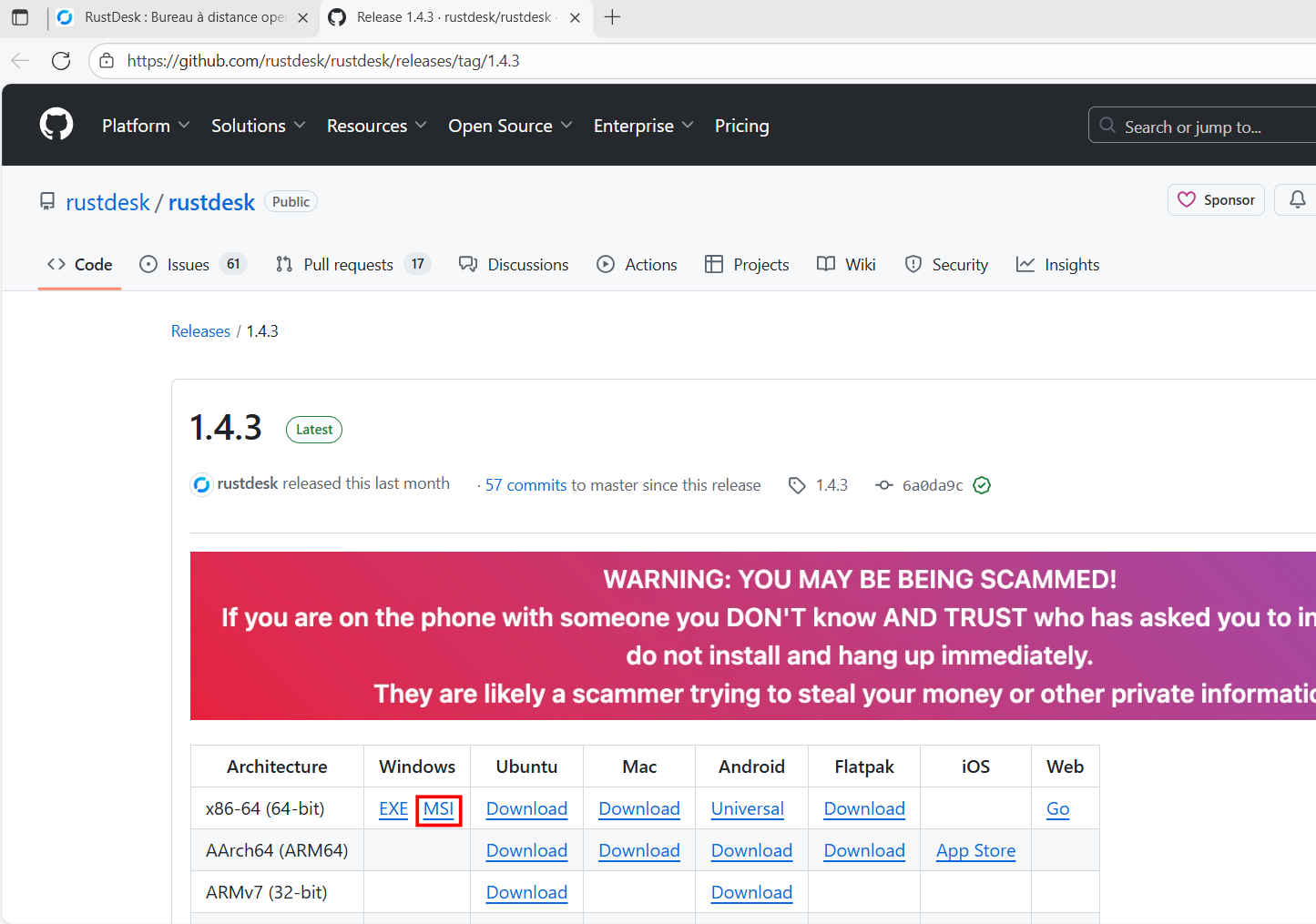 Download page for RustDesk with the Windows MSI option circled out