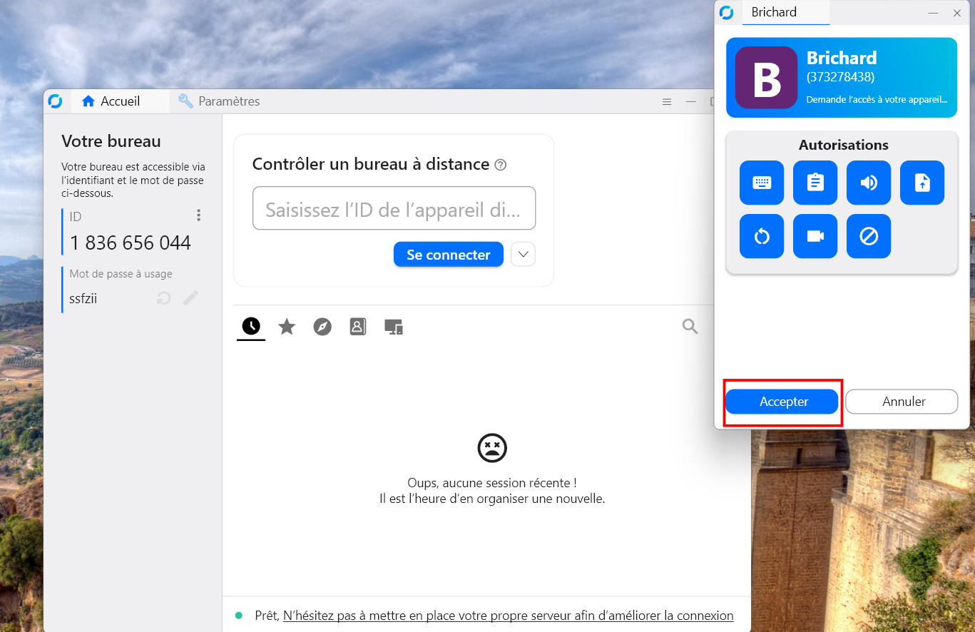 RustDesk pop-up indicating that a user wants to log in, with the Accept option circled out